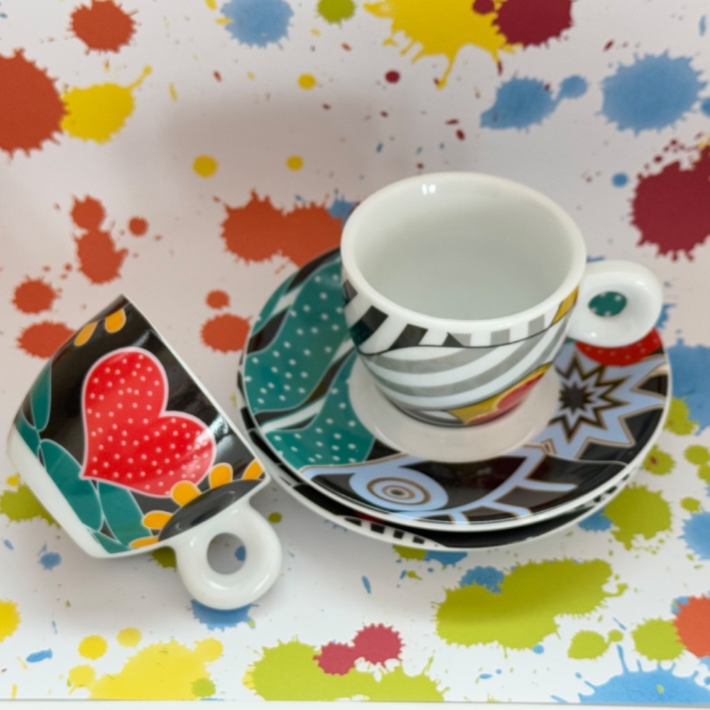 Pair (2) Espresso Cups & Saucers (2) Coordinated Colorful - Picture 8 of 10